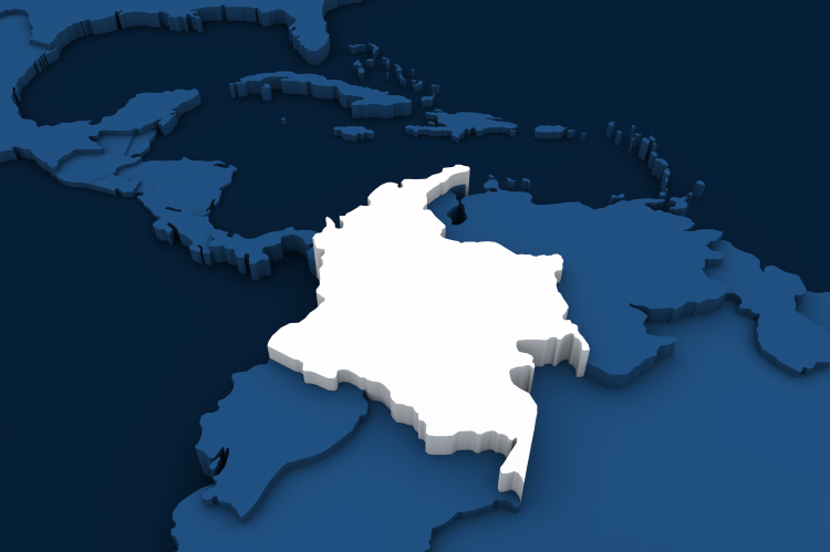 Colombia on a 3D rendered map (© Shutterstock/HACK_CG)
