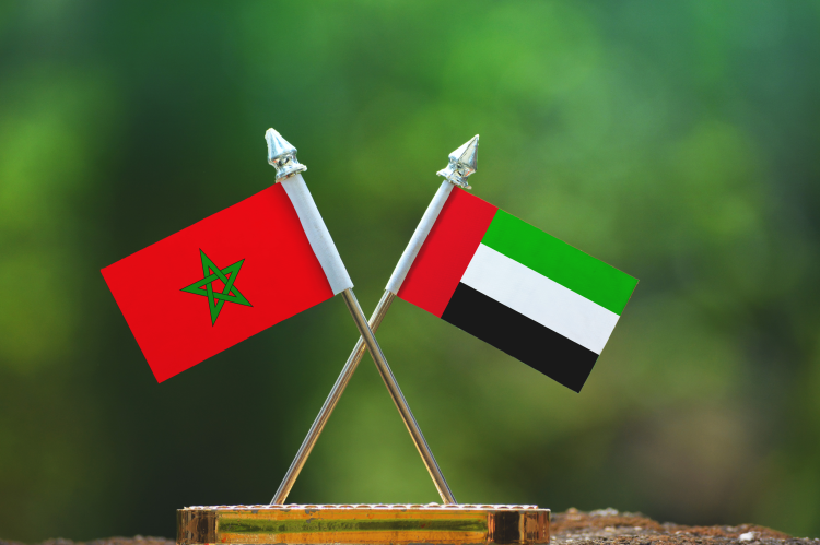 Flags of the United Arab Emirates and Morocco with blurred green background (© Shutterstock/Aritra Deb)