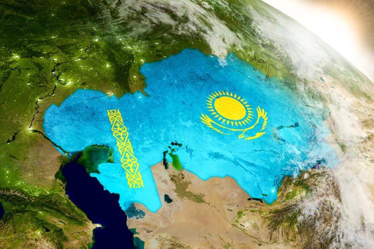 Kazakhstan with flag embedded on the surface of the earth (© Shutterstock/Harvepino) 