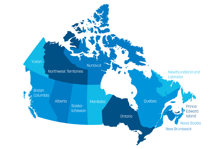 Map of Canada with all 10 provinces and territories (© Shutterstock/Pyty)