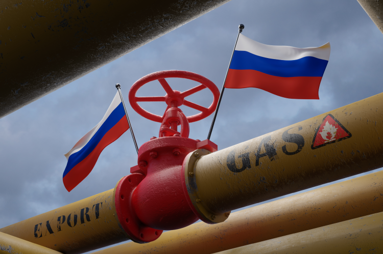 Pipeline for gas exports with Russian flags (© Shutterstock/Fly Of Swallow Studio) 