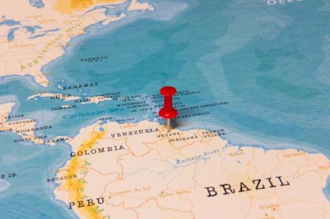 A Red Pin on Guyana of the World Map (copyright by Shutterstock/hyotographics)