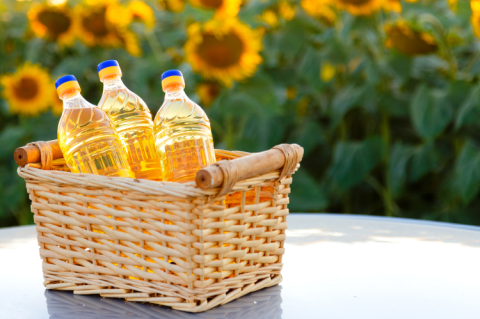 Bottles of sunflower oil infront of a field of sunflowers (© Shutterstock/Andrey Gorgots)
