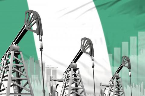 Nigeria oil industry concept on flag (copyright by Adobe Stock/Антон Медведев)