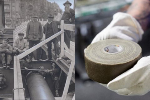 Pioneers at work applying DENSO®-Tape in 1927. DENSO®-Tape today (© DENSO Group Germany)
