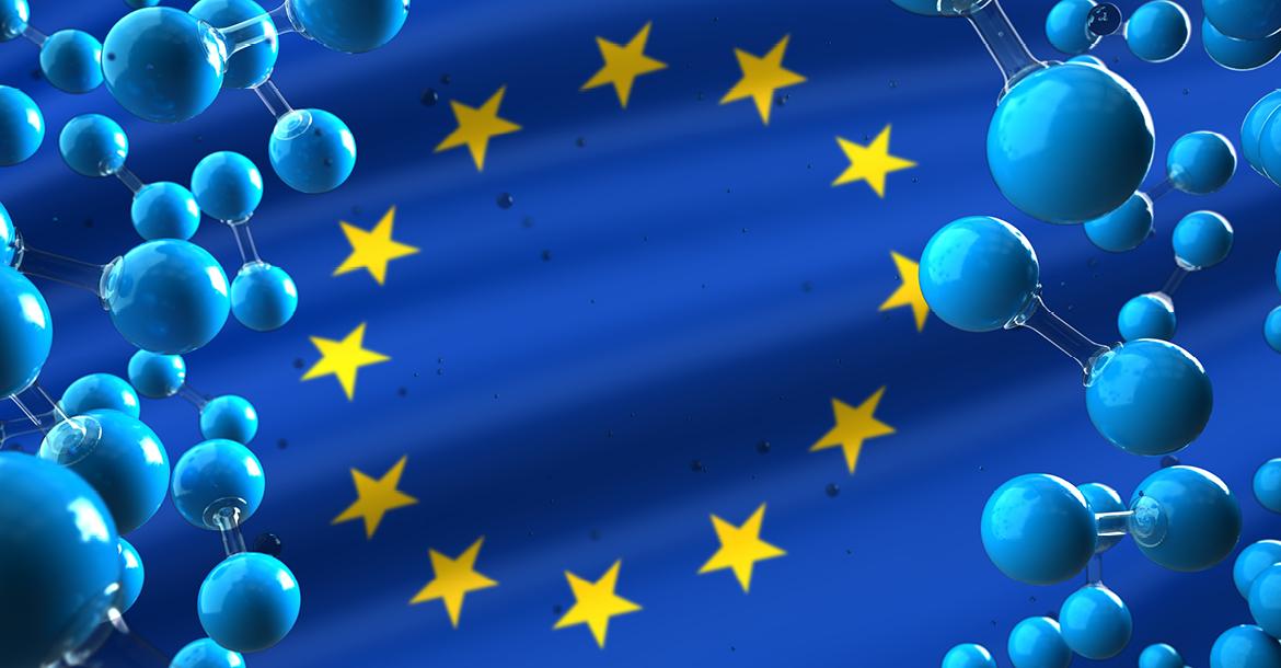 European Union flag with H2 hydrogen molecules (© Adobe Stock/Alexander Limbach) 